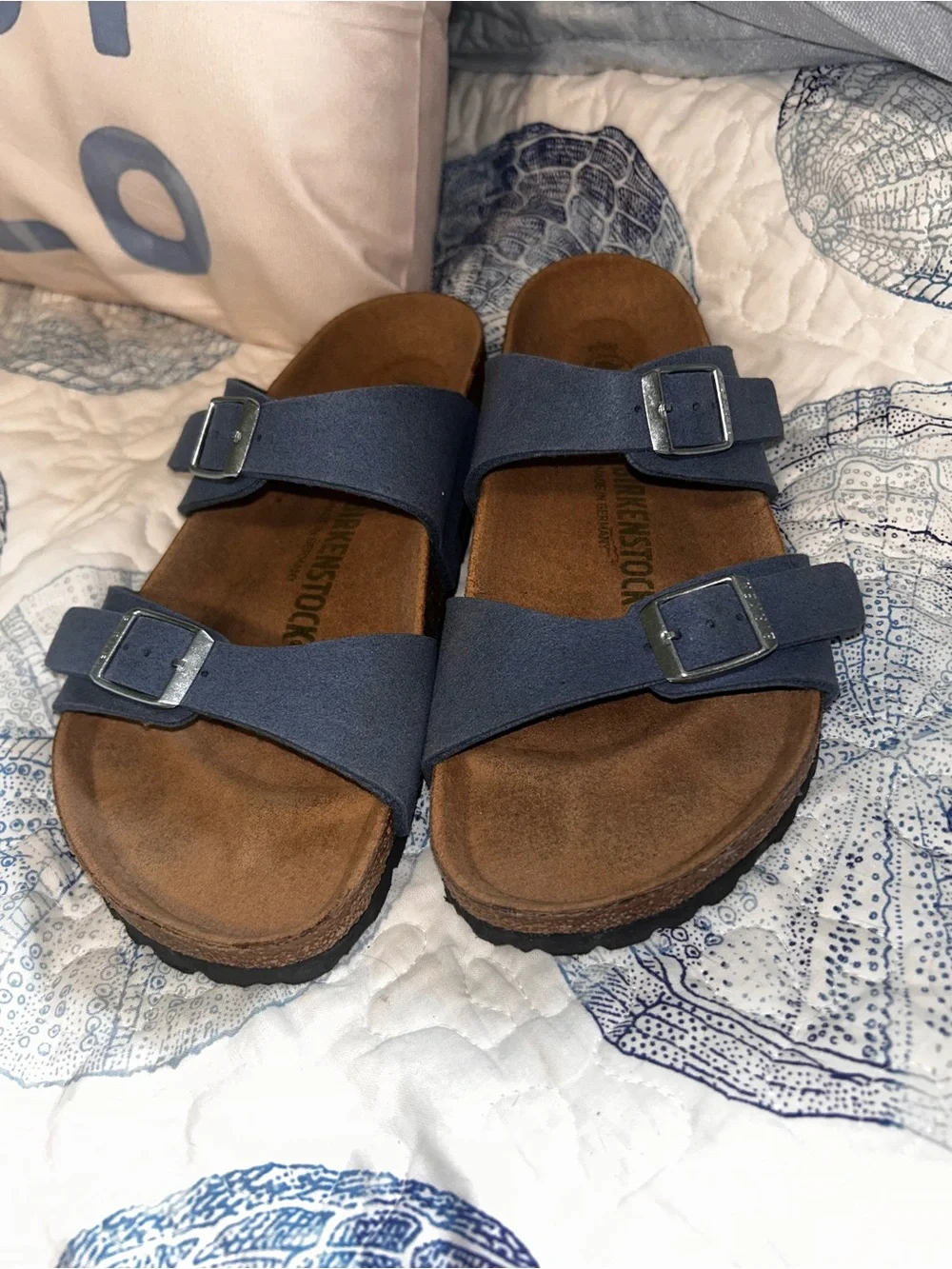 Birkenstock Two-Strap Sandals in Blue with Brown Footbed size 38=7/7.5